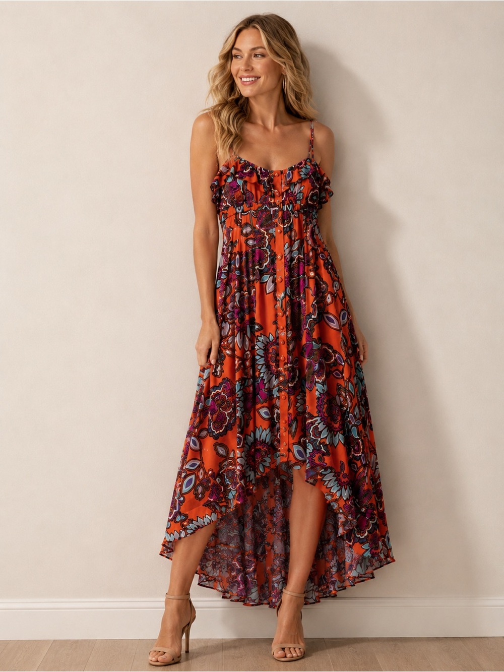 MARCIANO LOS ANGELES GUESS ELLINIA HI LOW FLORAL MIDI DRESS SZ S